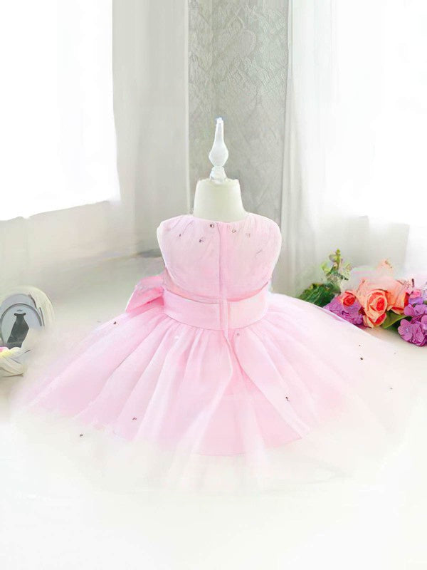 Gorgeous Ball Gown Scoop Neck Satin Tulle Tea-length Beading Flower Girl Dresses