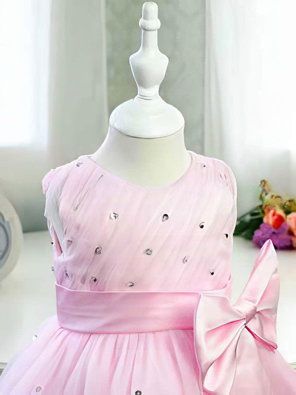 Gorgeous Ball Gown Scoop Neck Satin Tulle Tea-length Beading Flower Girl Dresses