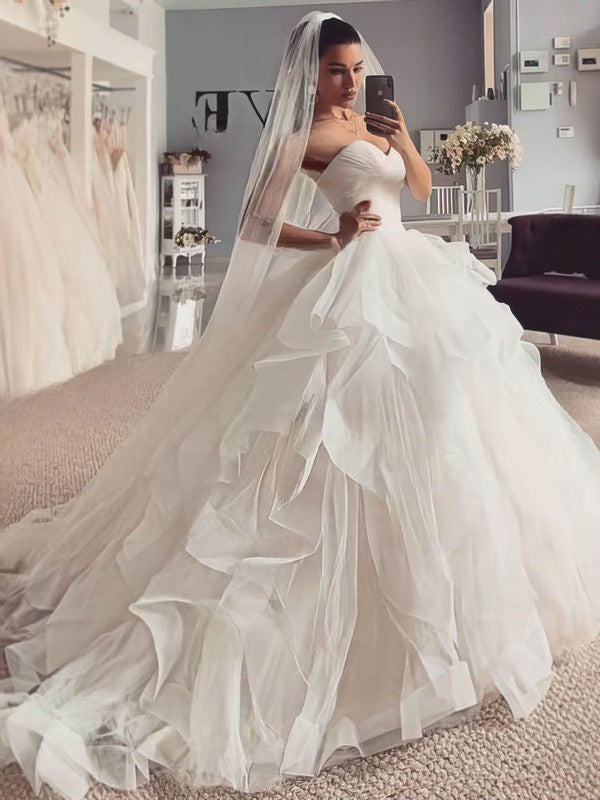 Gorgeous Ball Gown Sweetheart Tulle Wedding Dress with Cascading Ruffles and Sweep Train