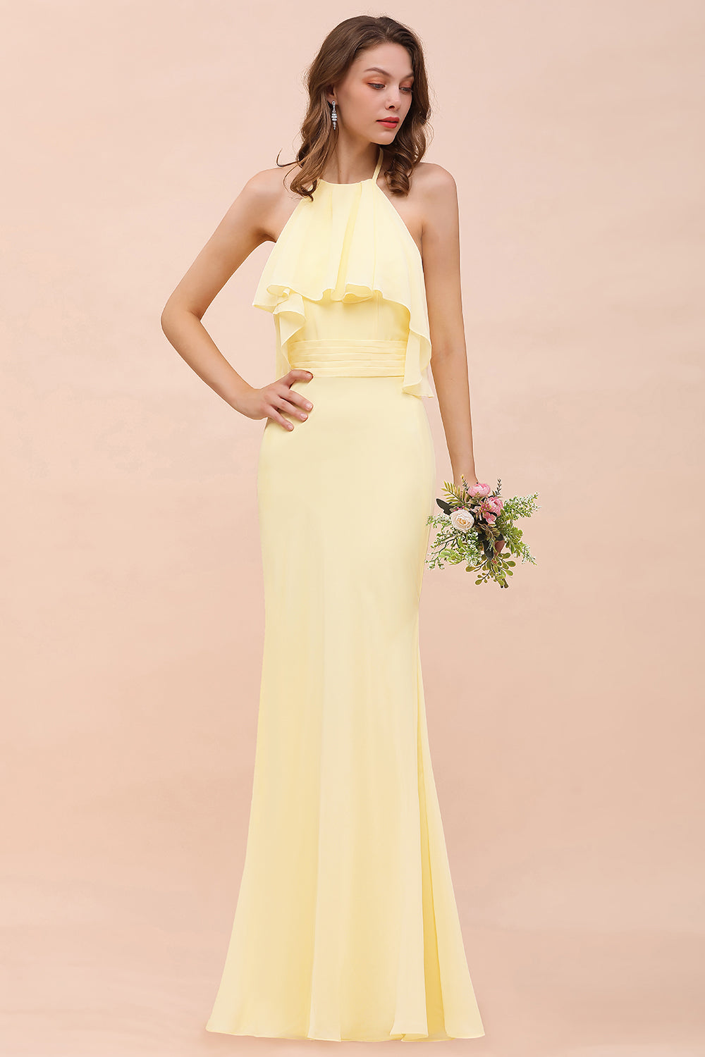 Gorgeous Daffodil Mermaid Halter Ruffle Bridesmaid Dress-Babyonlines