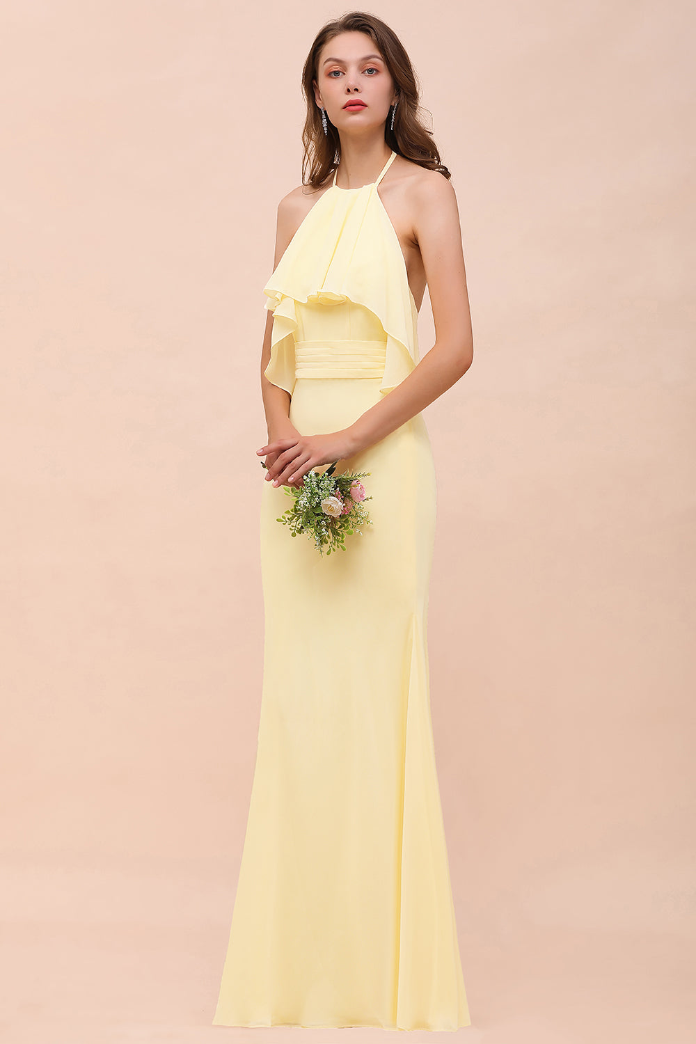 Gorgeous Daffodil Mermaid Halter Ruffle Bridesmaid Dress-Babyonlines