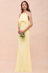 Gorgeous Daffodil Mermaid Halter Ruffle Bridesmaid Dress-Babyonlines