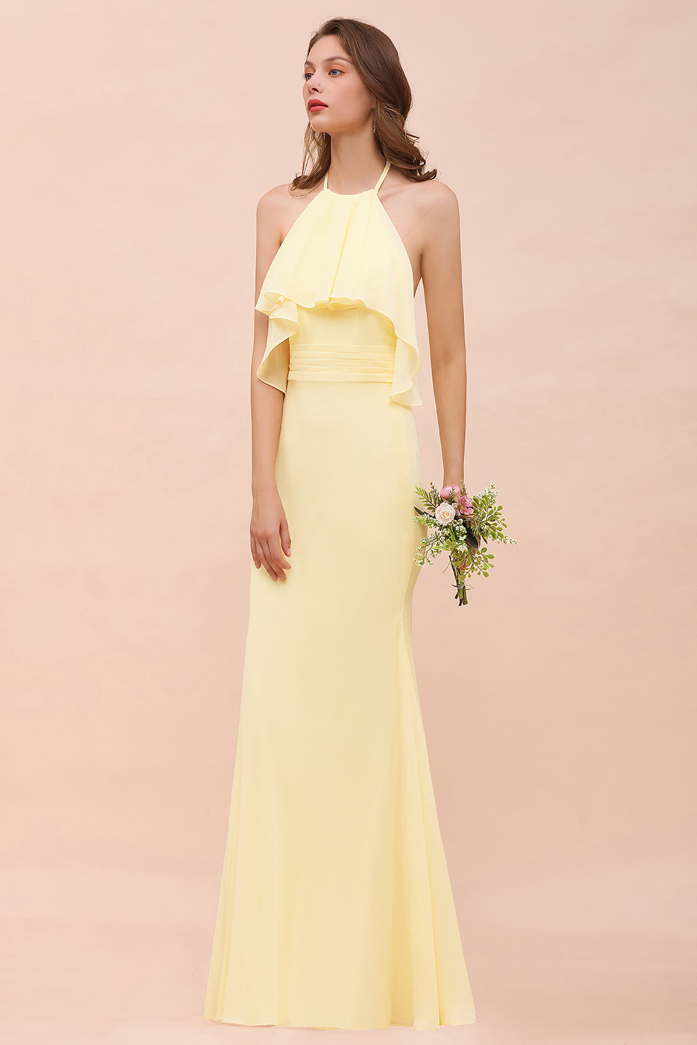 Gorgeous Daffodil Mermaid Halter Ruffle Bridesmaid Dress-Babyonlines