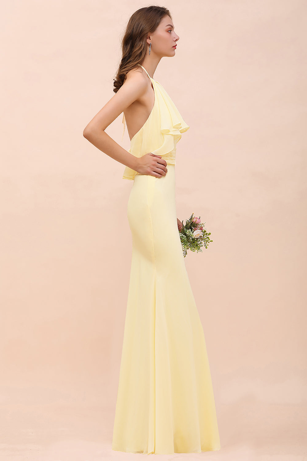 Gorgeous Daffodil Mermaid Halter Ruffle Bridesmaid Dress-Babyonlines