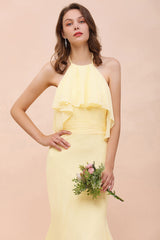 Gorgeous Daffodil Mermaid Halter Ruffle Bridesmaid Dress-Babyonlines