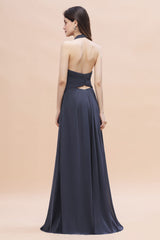 Gorgeous Halter Chiffon Ruffles Bridesmaid Dress with Front Slit Online-Babyonlines