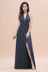 Gorgeous Halter Chiffon Ruffles Bridesmaid Dress with Front Slit Online-Babyonlines