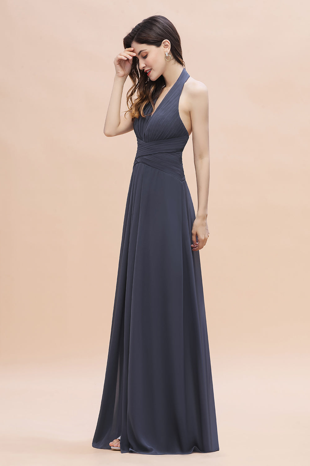 Gorgeous Halter Chiffon Ruffles Bridesmaid Dress with Front Slit Online-Babyonlines