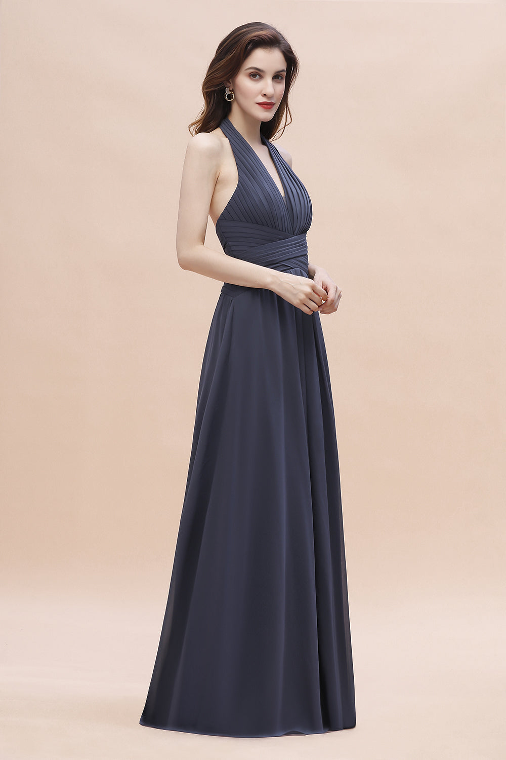 Gorgeous Halter Chiffon Ruffles Bridesmaid Dress with Front Slit Online-Babyonlines