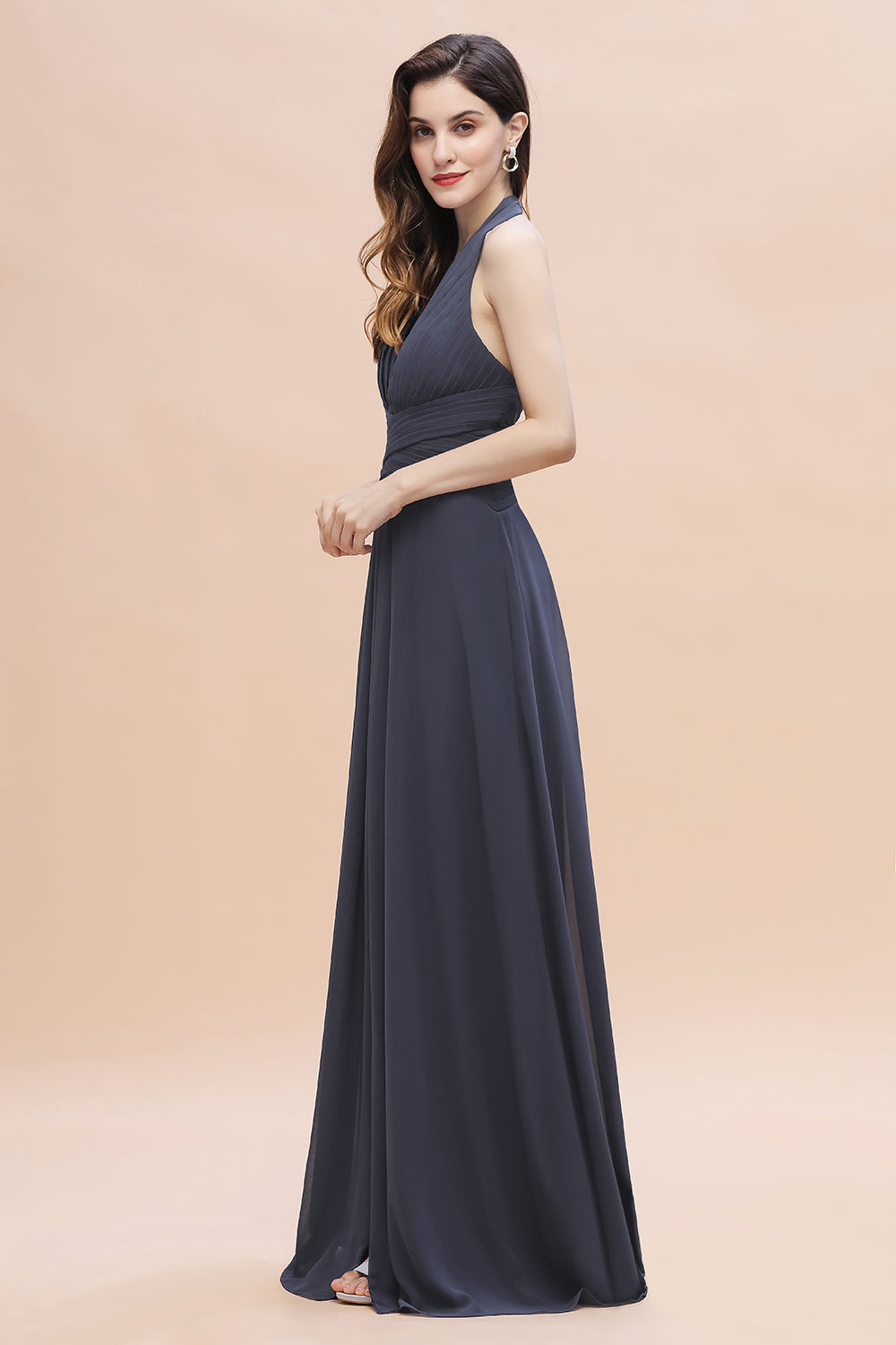 Gorgeous Halter Chiffon Ruffles Bridesmaid Dress with Front Slit Online-Babyonlines