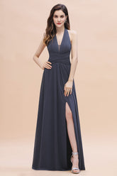 Gorgeous Halter Chiffon Ruffles Bridesmaid Dress with Front Slit Online-Babyonlines