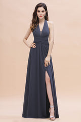 Gorgeous Halter Chiffon Ruffles Bridesmaid Dress with Front Slit Online-Babyonlines