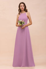 Gorgeous Halter Wisteria Chiffon Bridesmaid Dresses with Draped Back-Babyonlines