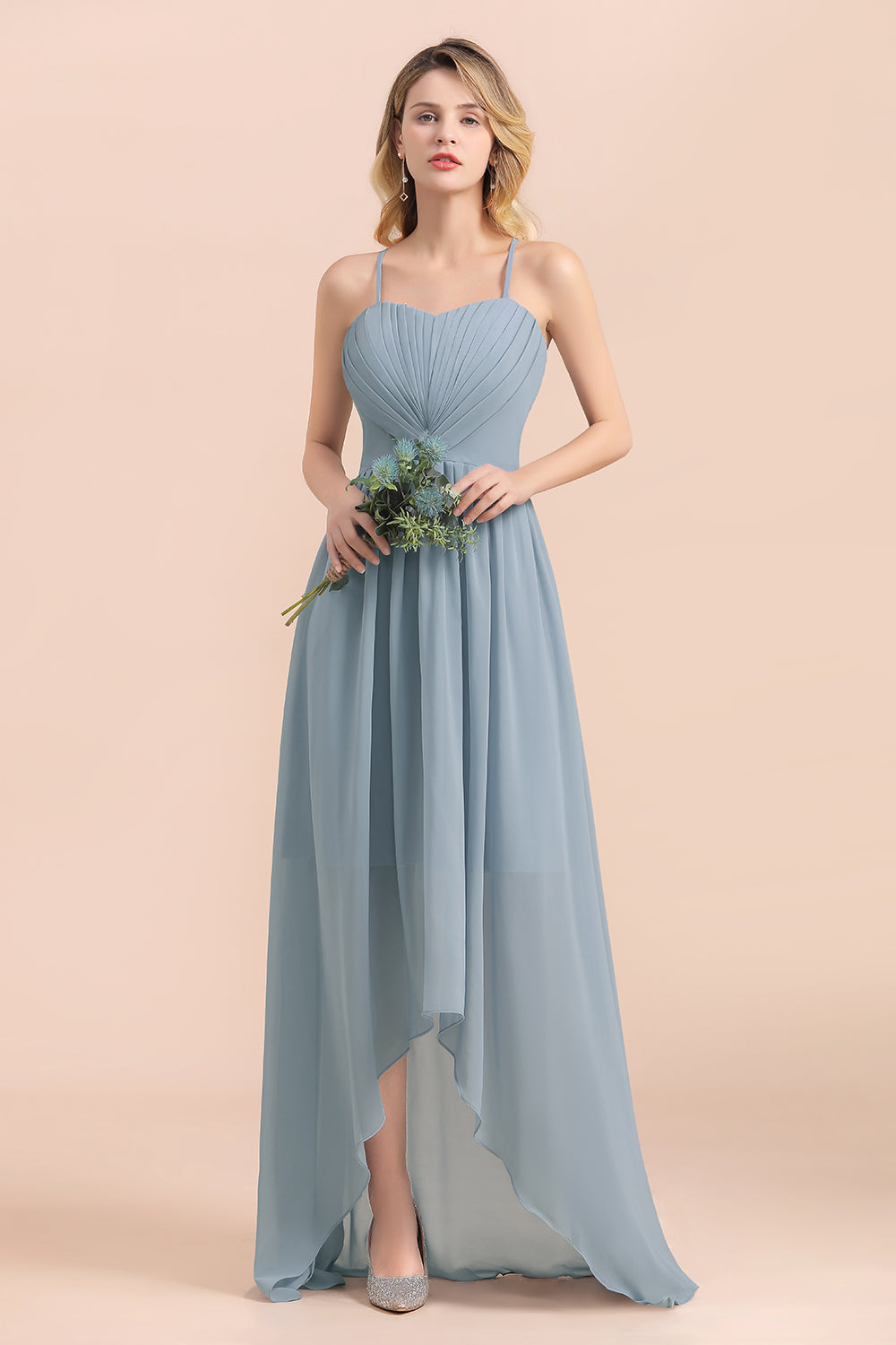 Gorgeous Hi-Lo Heart-Shaped Ruffle Bridesmaid Dress with Spaghetti Straps-Babyonlines