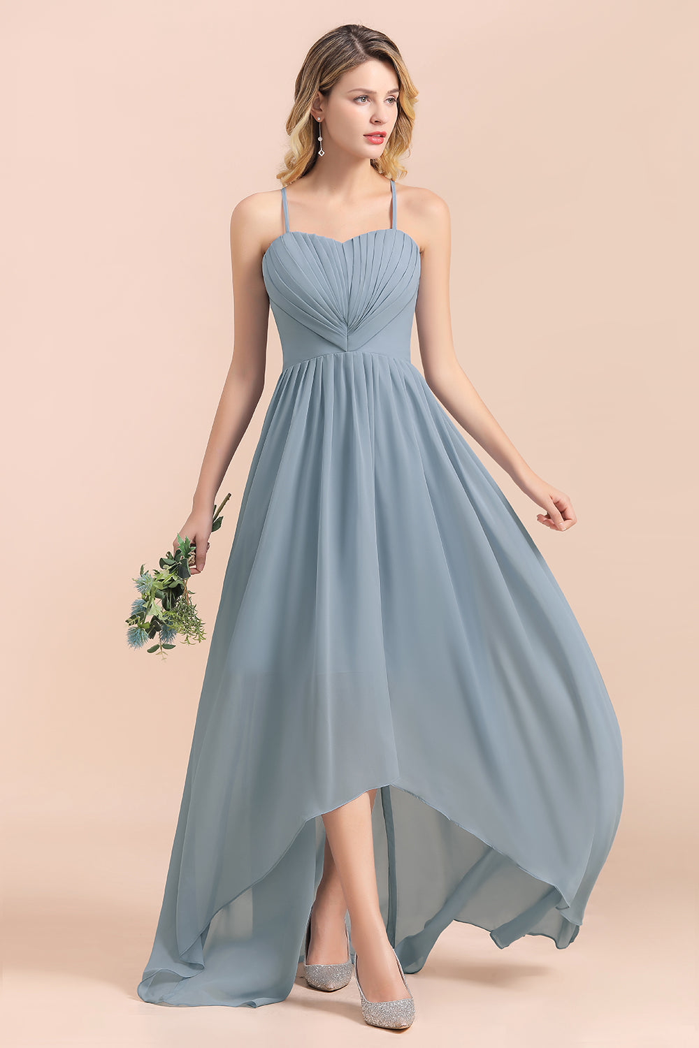 Gorgeous Hi-Lo Heart-Shaped Ruffle Bridesmaid Dress with Spaghetti Straps-Babyonlines