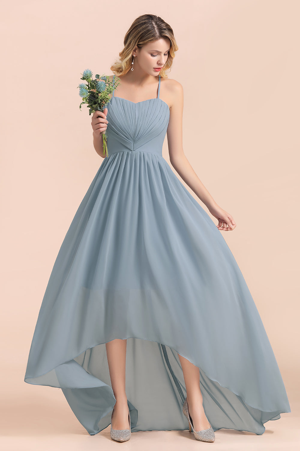 Gorgeous Hi-Lo Heart-Shaped Ruffle Bridesmaid Dress with Spaghetti Straps-Babyonlines