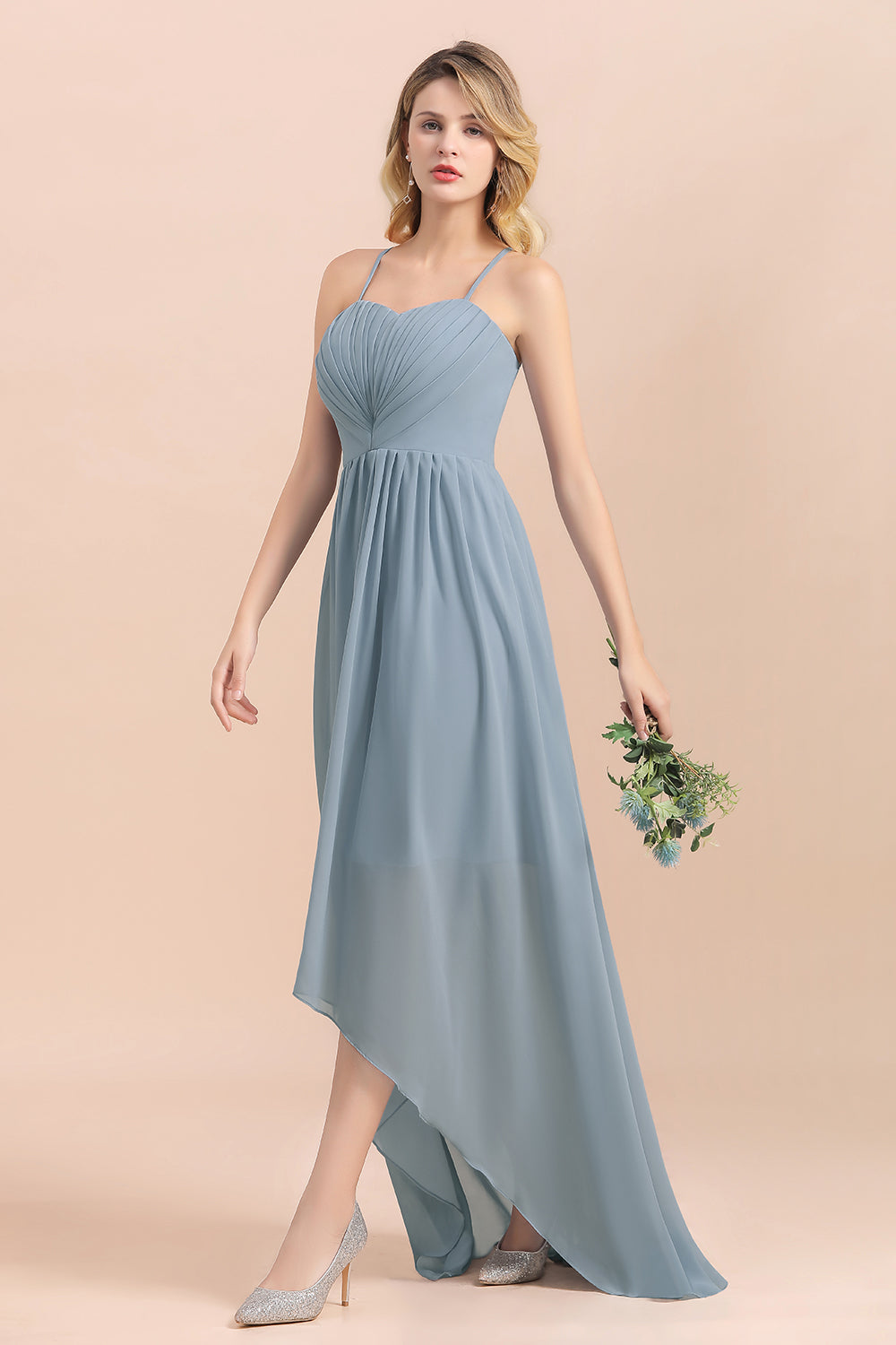 Gorgeous Hi-Lo Heart-Shaped Ruffle Bridesmaid Dress with Spaghetti Straps-Babyonlines