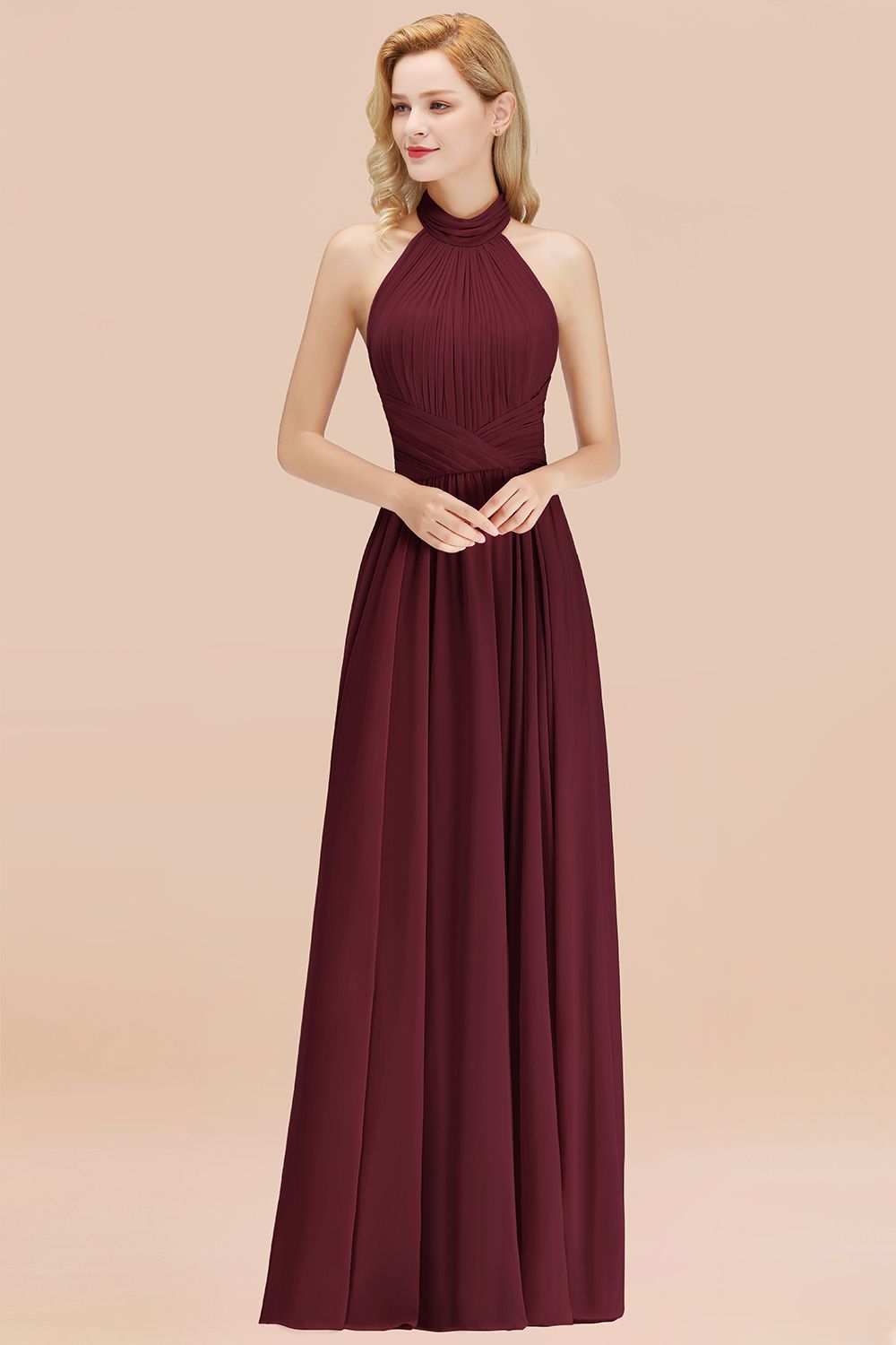Gorgeous High-Neck Halter Backless Bridesmaid Dress Dusty Rose Chiffon Maid of Honor Dress-Babyonlines