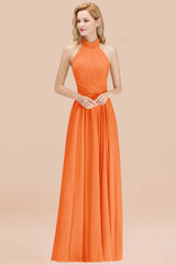 Gorgeous High-Neck Halter Backless Bridesmaid Dress Dusty Rose Chiffon Maid of Honor Dress-Babyonlines