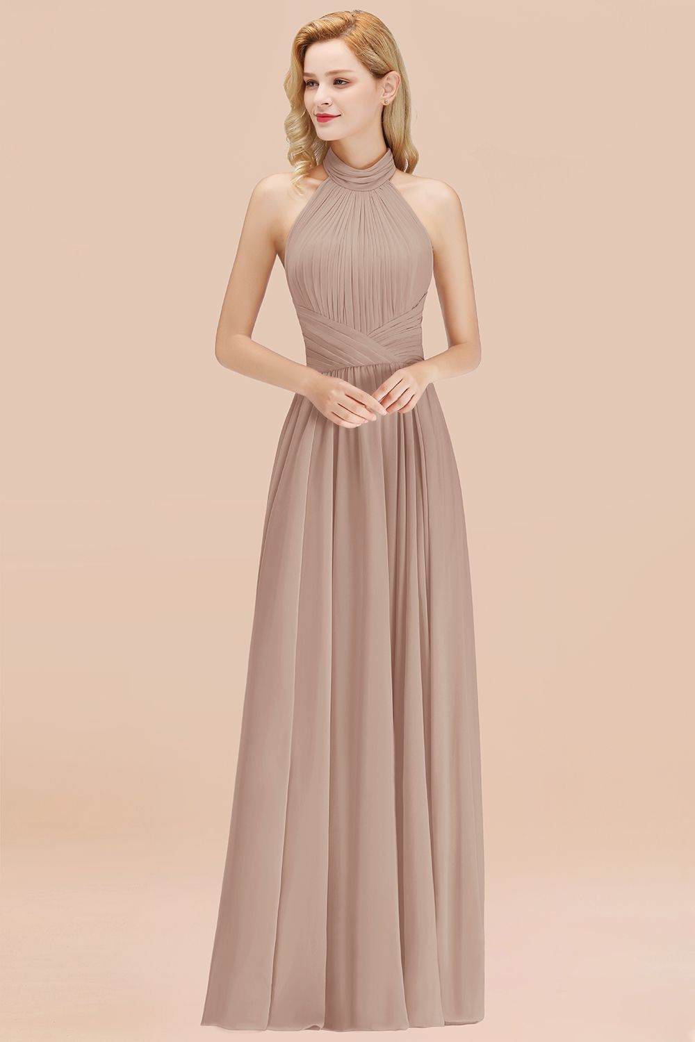 Gorgeous High-Neck Halter Backless Bridesmaid Dress Dusty Rose Chiffon Maid of Honor Dress-Babyonlines