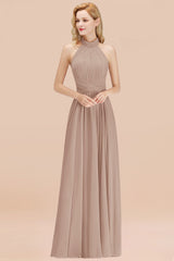 Gorgeous High-Neck Halter Backless Bridesmaid Dress Dusty Rose Chiffon Maid of Honor Dress-Babyonlines