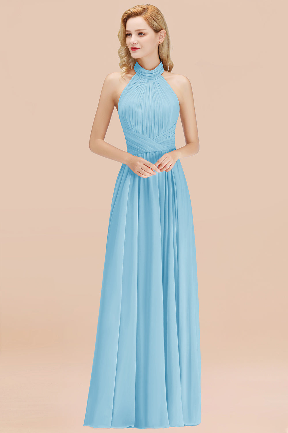 Gorgeous High-Neck Halter Backless Bridesmaid Dress Dusty Rose Chiffon Maid of Honor Dress-Babyonlines