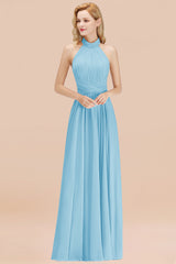 Gorgeous High-Neck Halter Backless Bridesmaid Dress Dusty Rose Chiffon Maid of Honor Dress-Babyonlines