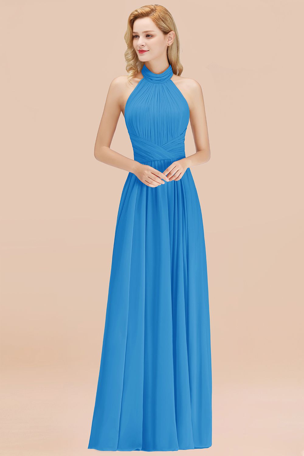 Gorgeous High-Neck Halter Backless Bridesmaid Dress Dusty Rose Chiffon Maid of Honor Dress-Babyonlines