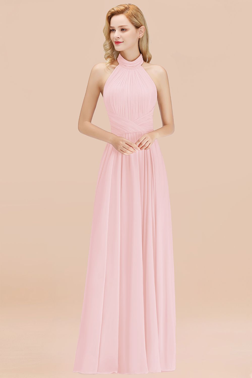 Gorgeous High-Neck Halter Backless Bridesmaid Dress Dusty Rose Chiffon Maid of Honor Dress-Babyonlines