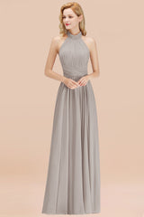 Gorgeous High-Neck Halter Backless Bridesmaid Dress Dusty Rose Chiffon Maid of Honor Dress-Babyonlines