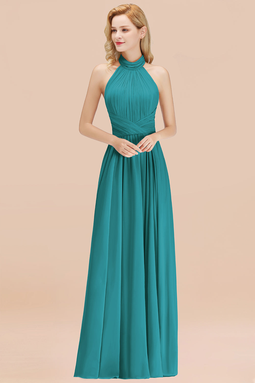 Gorgeous High-Neck Halter Backless Bridesmaid Dress Dusty Rose Chiffon Maid of Honor Dress-Babyonlines