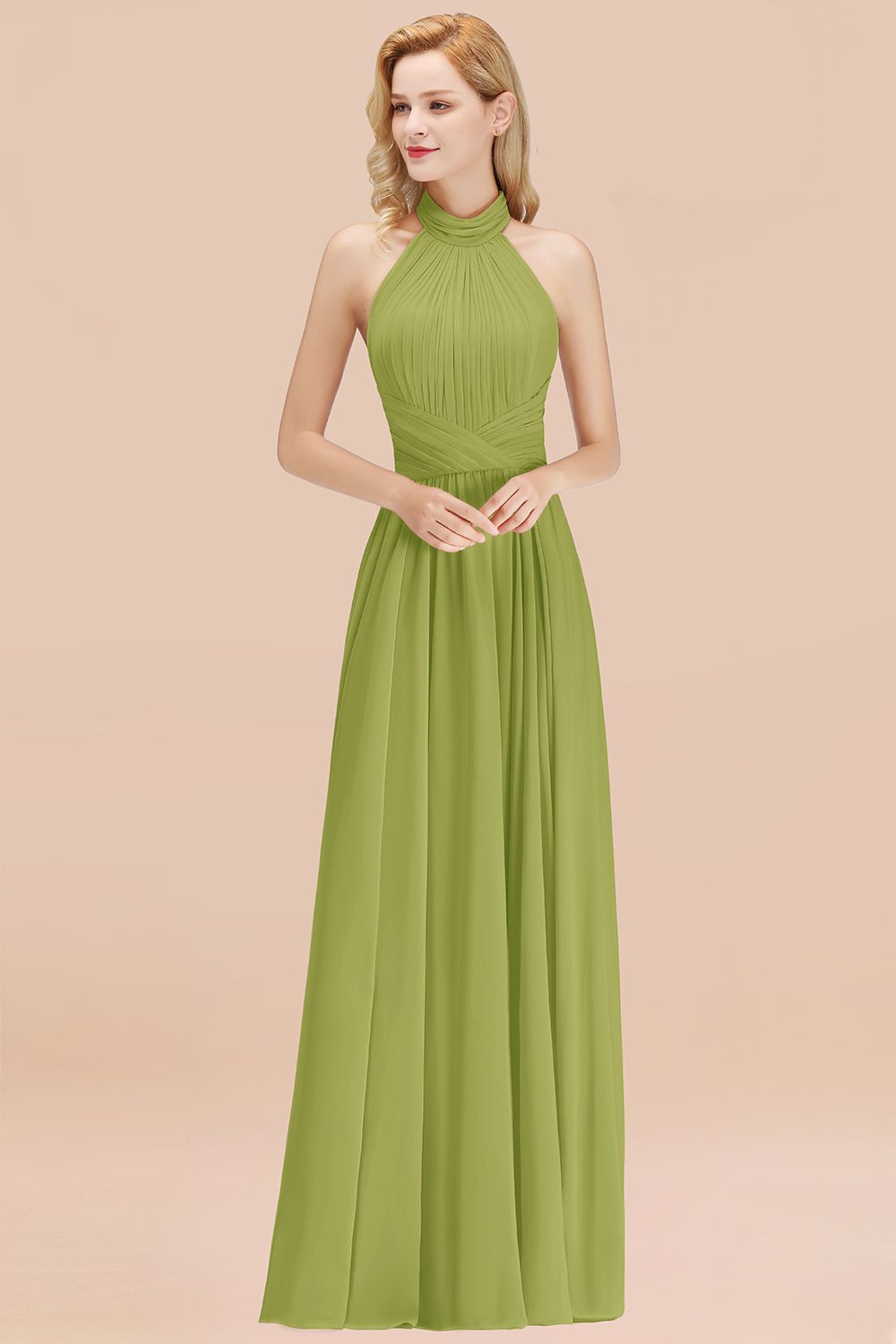 Gorgeous High-Neck Halter Backless Bridesmaid Dress Dusty Rose Chiffon Maid of Honor Dress-Babyonlines