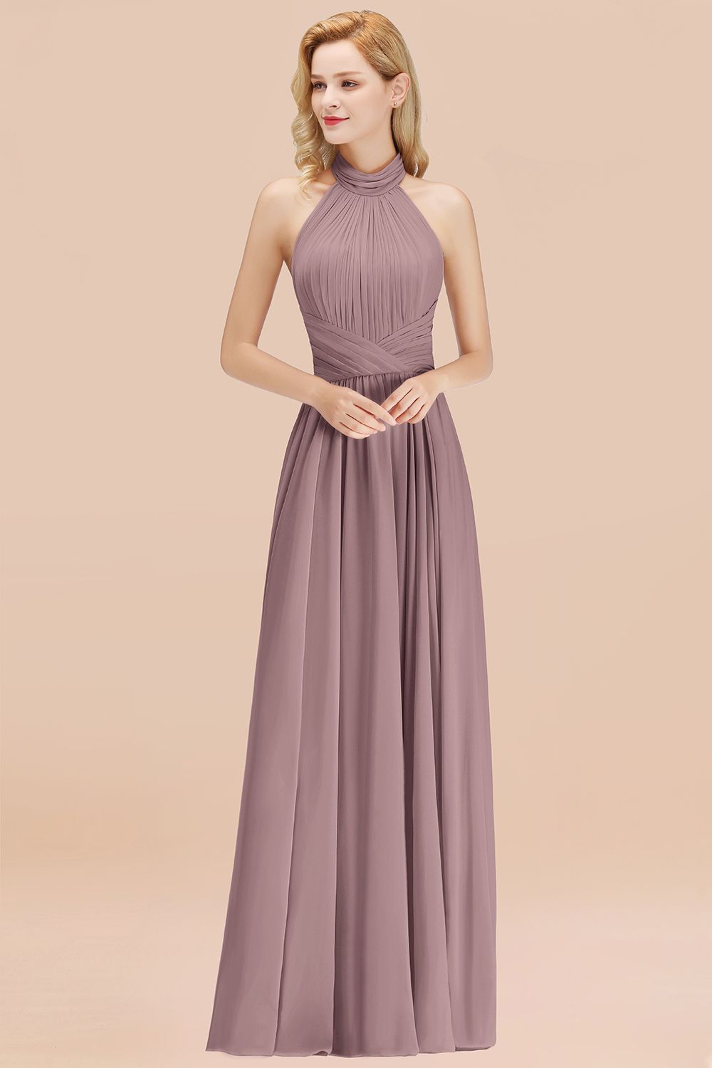 Gorgeous High-Neck Halter Backless Bridesmaid Dress Dusty Rose Chiffon Maid of Honor Dress-Babyonlines
