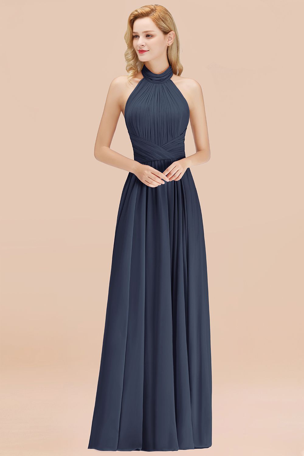 Gorgeous High-Neck Halter Backless Bridesmaid Dress Dusty Rose Chiffon Maid of Honor Dress-Babyonlines