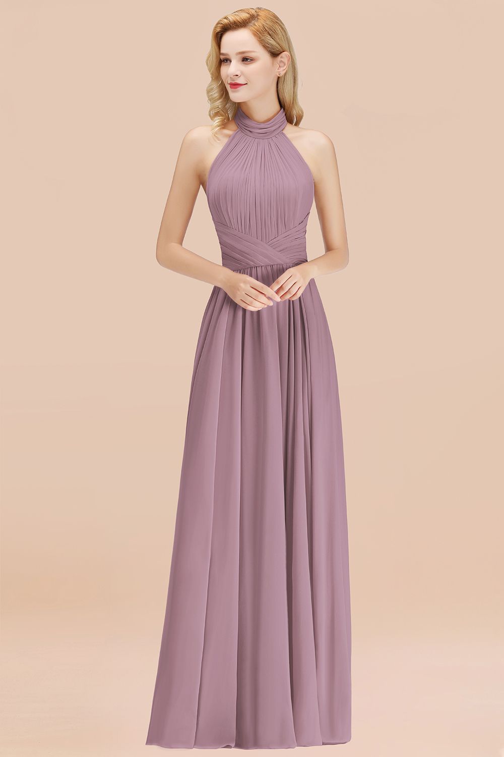 Gorgeous High-Neck Halter Backless Bridesmaid Dress Dusty Rose Chiffon Maid of Honor Dress-Babyonlines