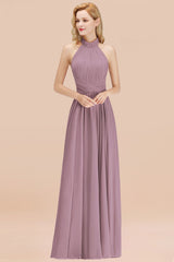 Gorgeous High-Neck Halter Backless Bridesmaid Dress Dusty Rose Chiffon Maid of Honor Dress-Babyonlines