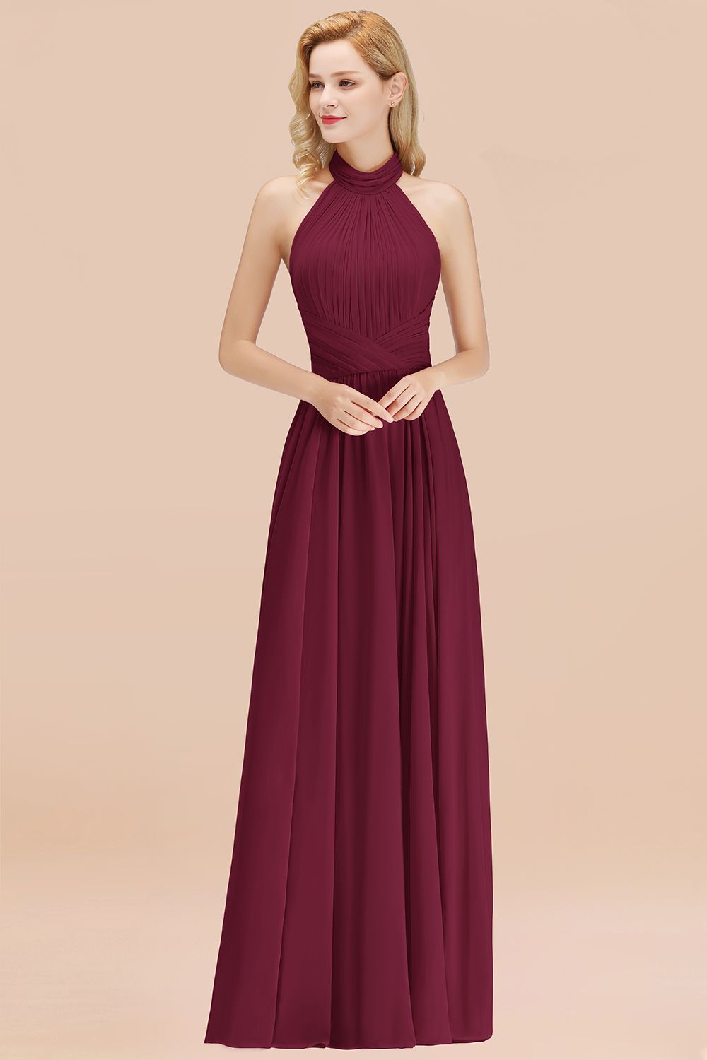 Gorgeous High-Neck Halter Backless Bridesmaid Dress Dusty Rose Chiffon Maid of Honor Dress-Babyonlines