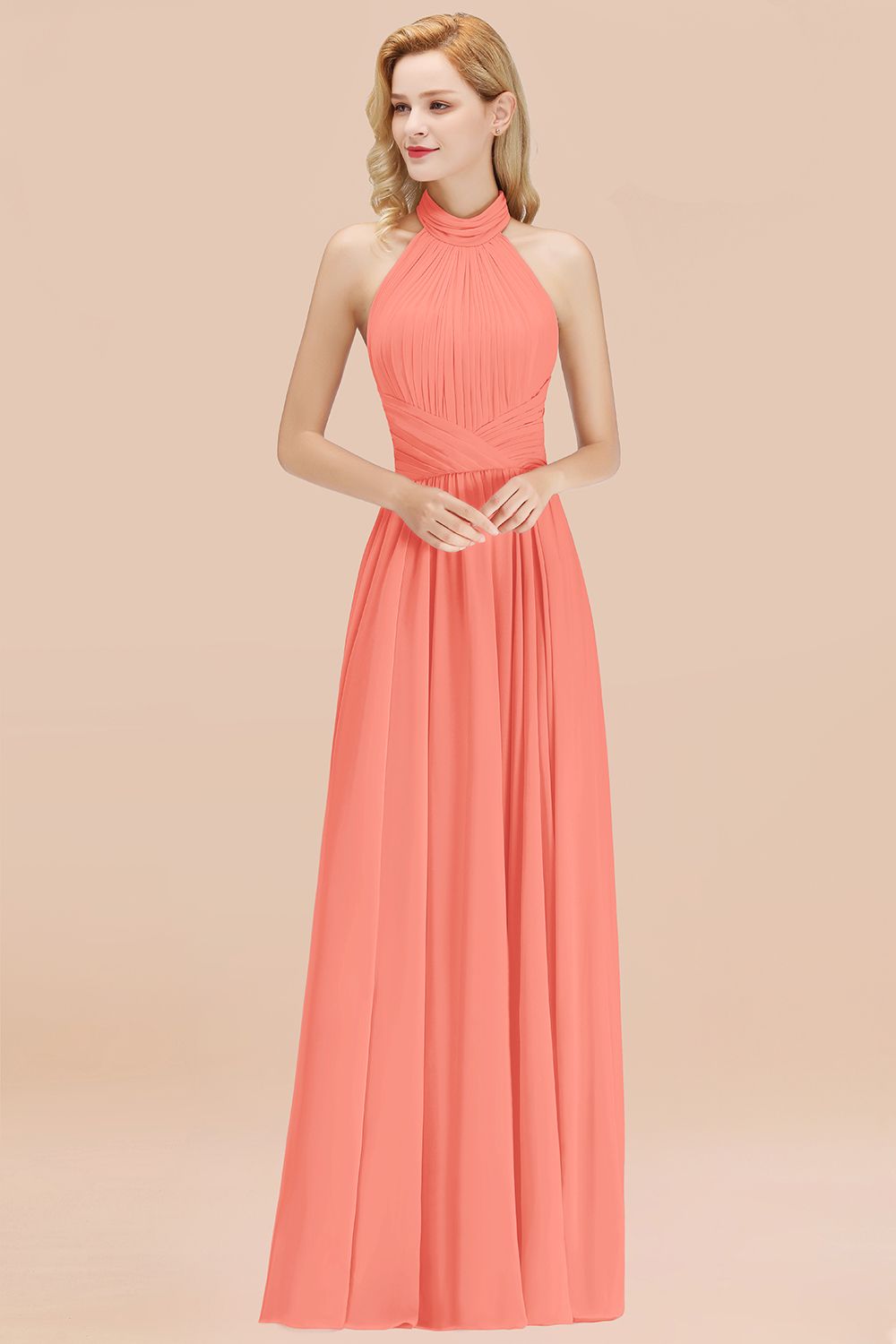 Gorgeous High-Neck Halter Backless Bridesmaid Dress Dusty Rose Chiffon Maid of Honor Dress-Babyonlines