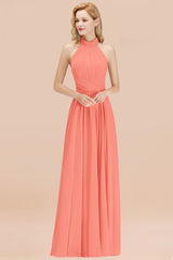 Gorgeous High-Neck Halter Backless Bridesmaid Dress Dusty Rose Chiffon Maid of Honor Dress-Babyonlines