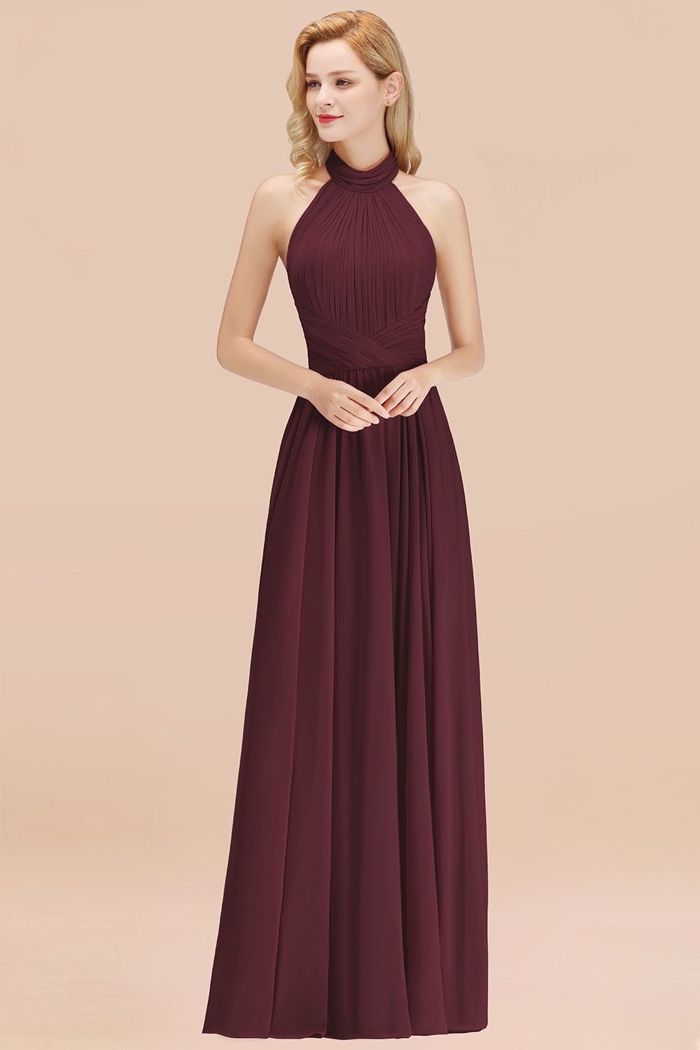 Gorgeous High-Neck Halter Backless Bridesmaid Dress Dusty Rose Chiffon Maid of Honor Dress-Babyonlines