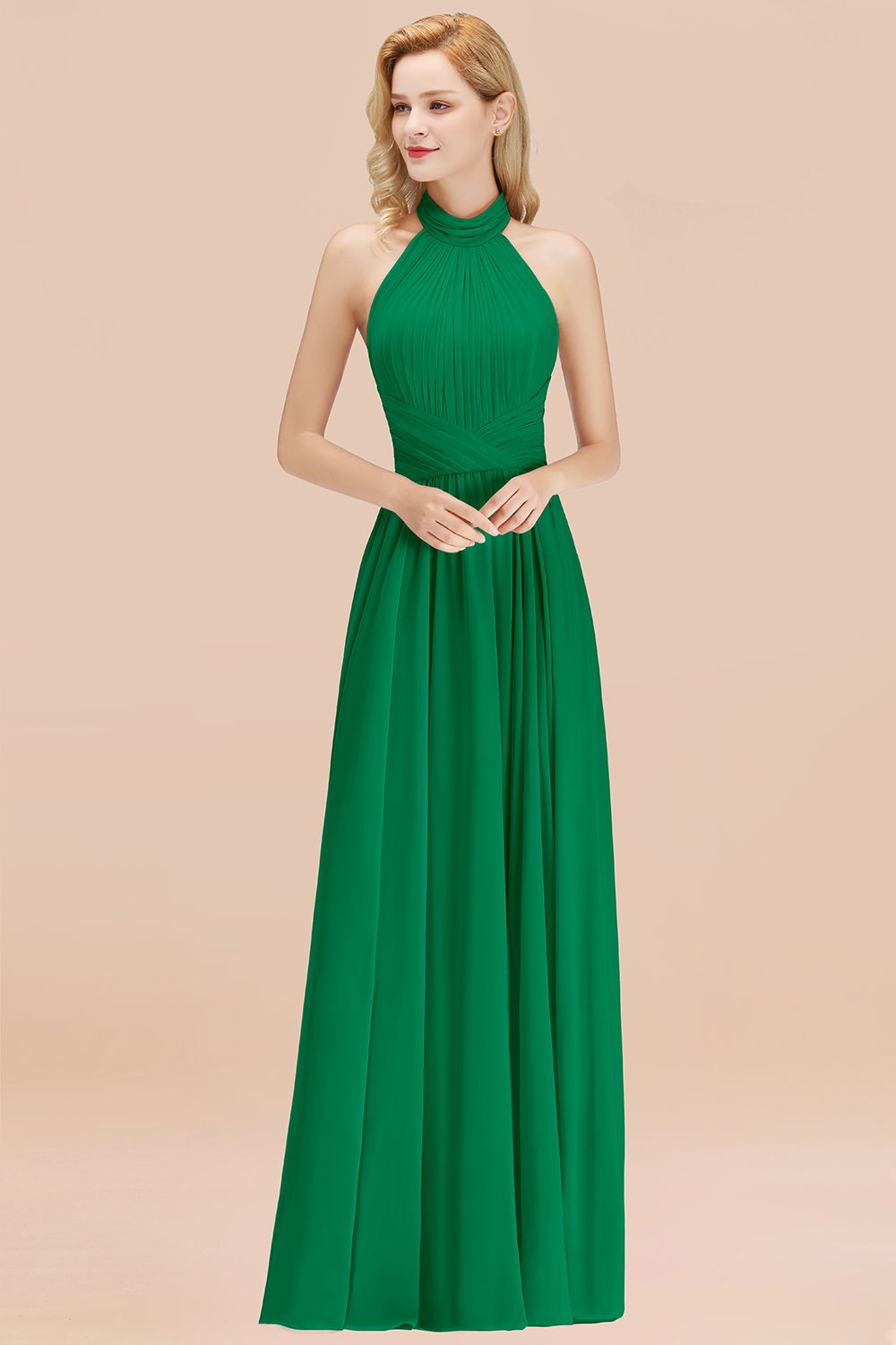 Gorgeous High-Neck Halter Backless Bridesmaid Dress Dusty Rose Chiffon Maid of Honor Dress-Babyonlines