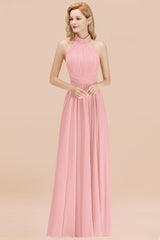 Gorgeous High-Neck Halter Backless Bridesmaid Dress Dusty Rose Chiffon Maid of Honor Dress-Babyonlines