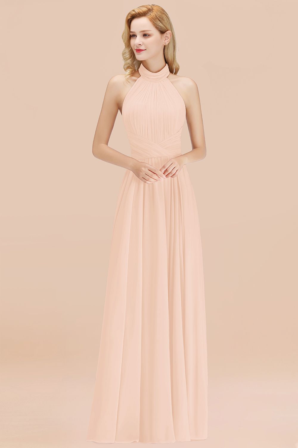 Gorgeous High-Neck Halter Backless Bridesmaid Dress Dusty Rose Chiffon Maid of Honor Dress-Babyonlines
