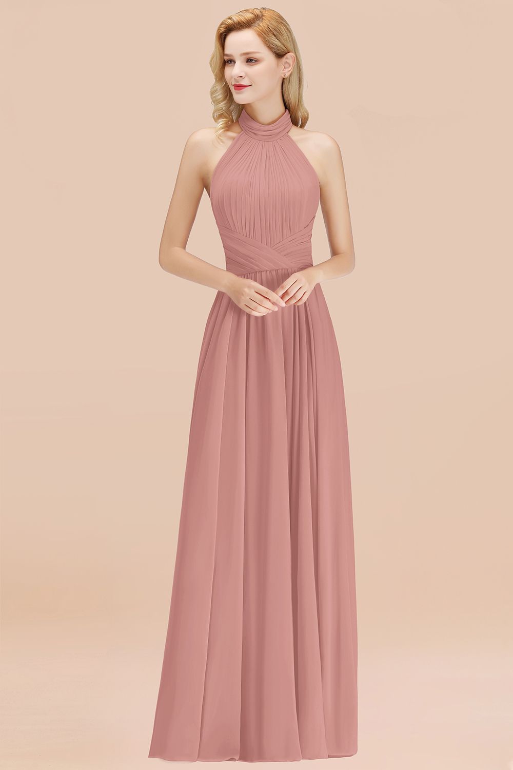 Gorgeous High-Neck Halter Backless Bridesmaid Dress Dusty Rose Chiffon Maid of Honor Dress-Babyonlines