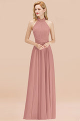 Gorgeous High-Neck Halter Backless Bridesmaid Dress Dusty Rose Chiffon Maid of Honor Dress-Babyonlines