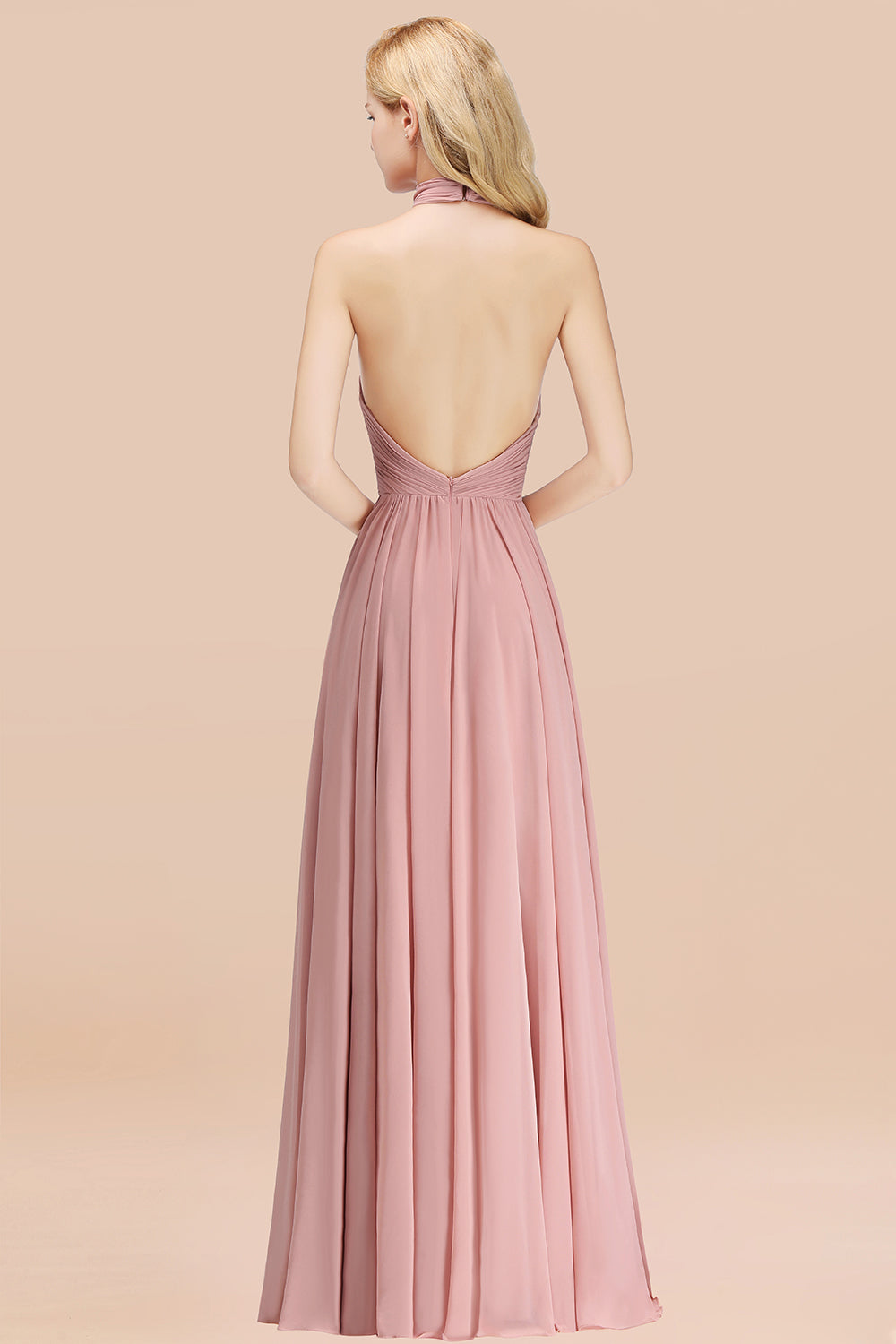 Gorgeous High-Neck Halter Backless Bridesmaid Dress Dusty Rose Chiffon Maid of Honor Dress-Babyonlines