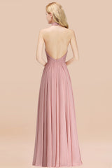 Gorgeous High-Neck Halter Backless Bridesmaid Dress Dusty Rose Chiffon Maid of Honor Dress-Babyonlines