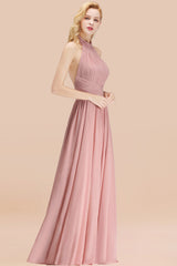 Gorgeous High-Neck Halter Backless Bridesmaid Dress Dusty Rose Chiffon Maid of Honor Dress-Babyonlines