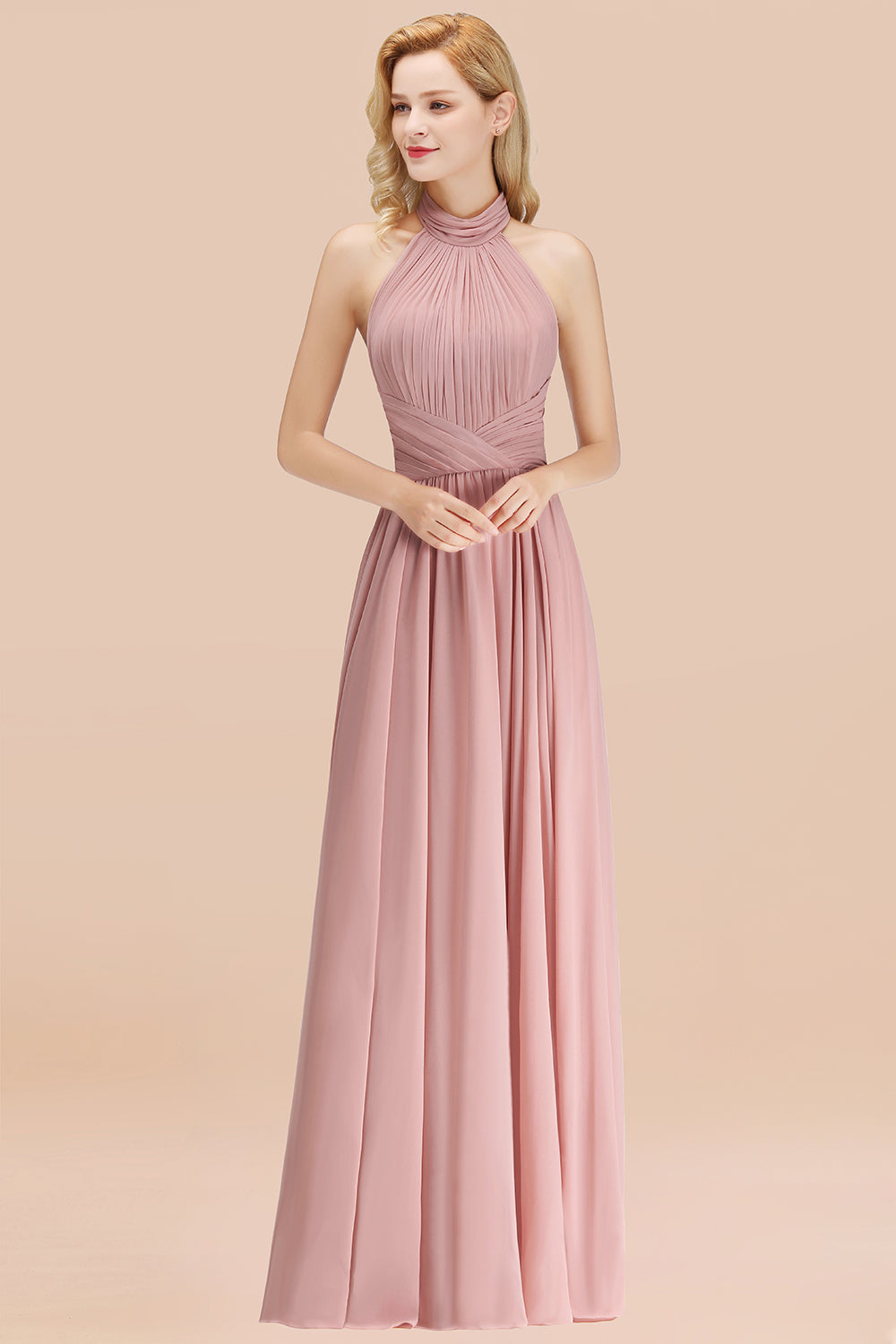 Gorgeous High-Neck Halter Backless Bridesmaid Dress Dusty Rose Chiffon Maid of Honor Dress-Babyonlines