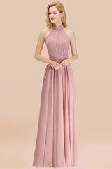 Gorgeous High-Neck Halter Backless Bridesmaid Dress Dusty Rose Chiffon Maid of Honor Dress-Babyonlines